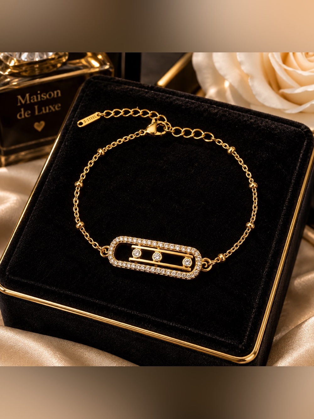 Gold Crystal Three-Stone Pavé Adjustable Chain Bracelet